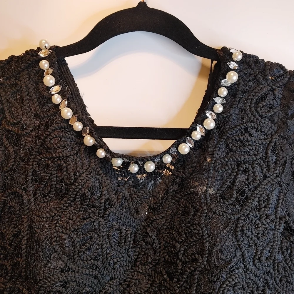 Black Lace Pearl Embellished Dress | Elegant LBD Cocktail Dress - Picture 7 of 8